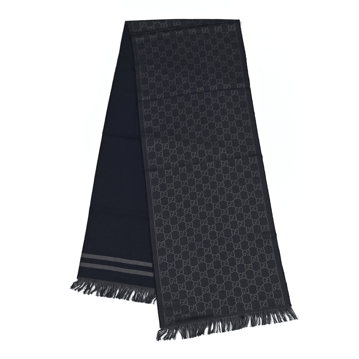 Wool Silk Monogram Fringe Scarf Navy Blue