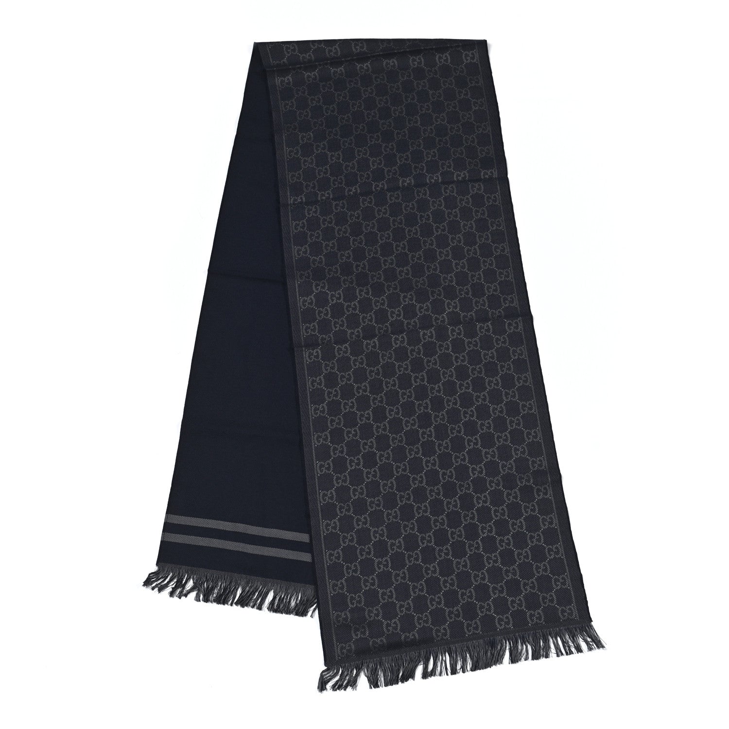 Gucci Wool Silk Monogram Fringe Scarf Navy Blue 2 of 5