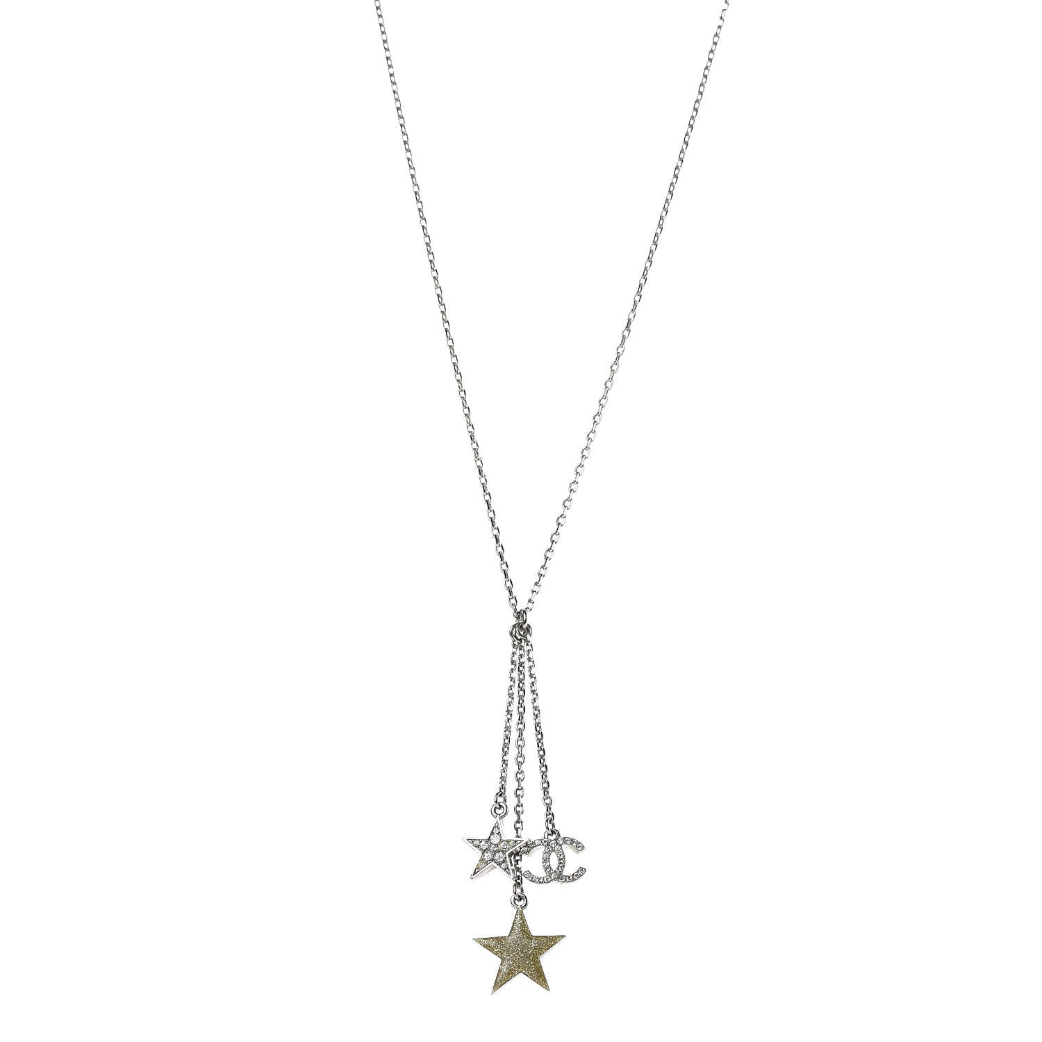 Chanel Crystal Glitter Star CC Pendant Necklace Silver Gold 1 of 6