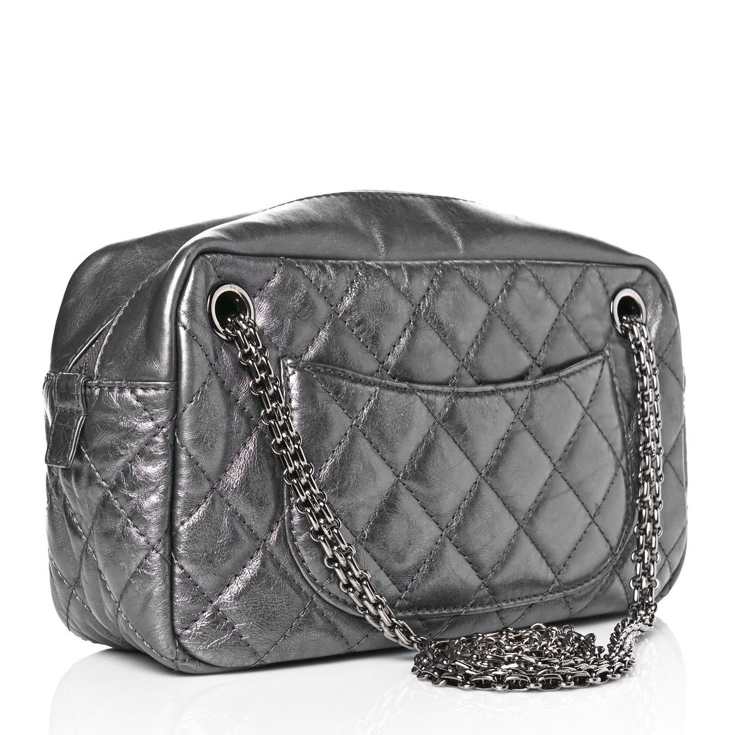 Metallic Aged Calfskin Quilted Medium Reissue Camera Case Dark Silver