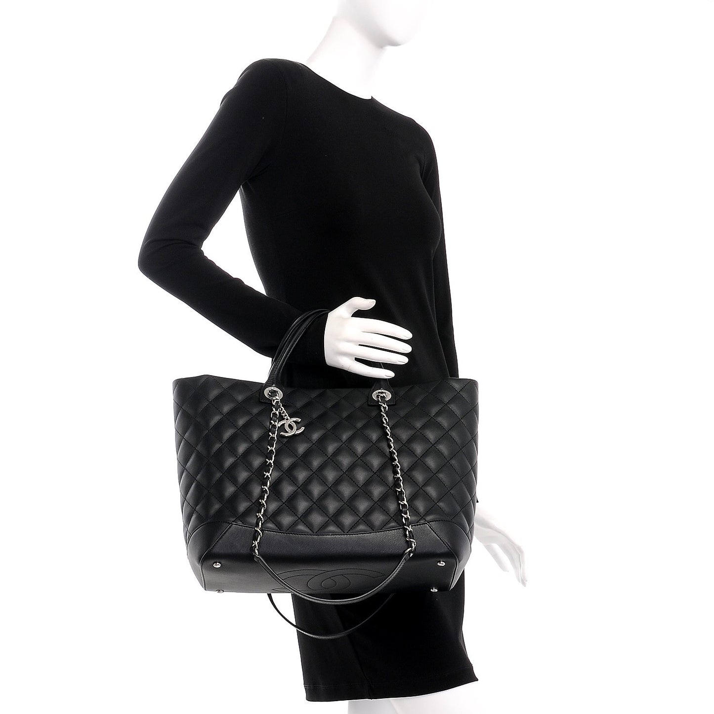 Calfskin Quilted Large Easy Shopping Tote Black