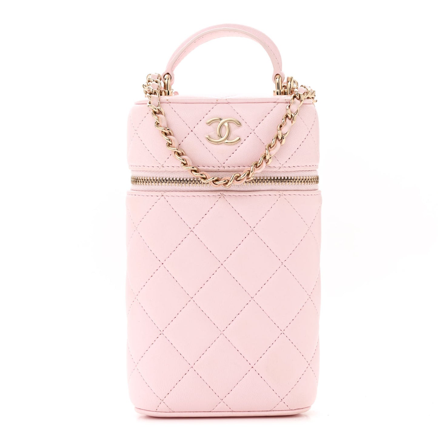Lambskin Quilted Vertical Vanity Case With Chain Light Pink