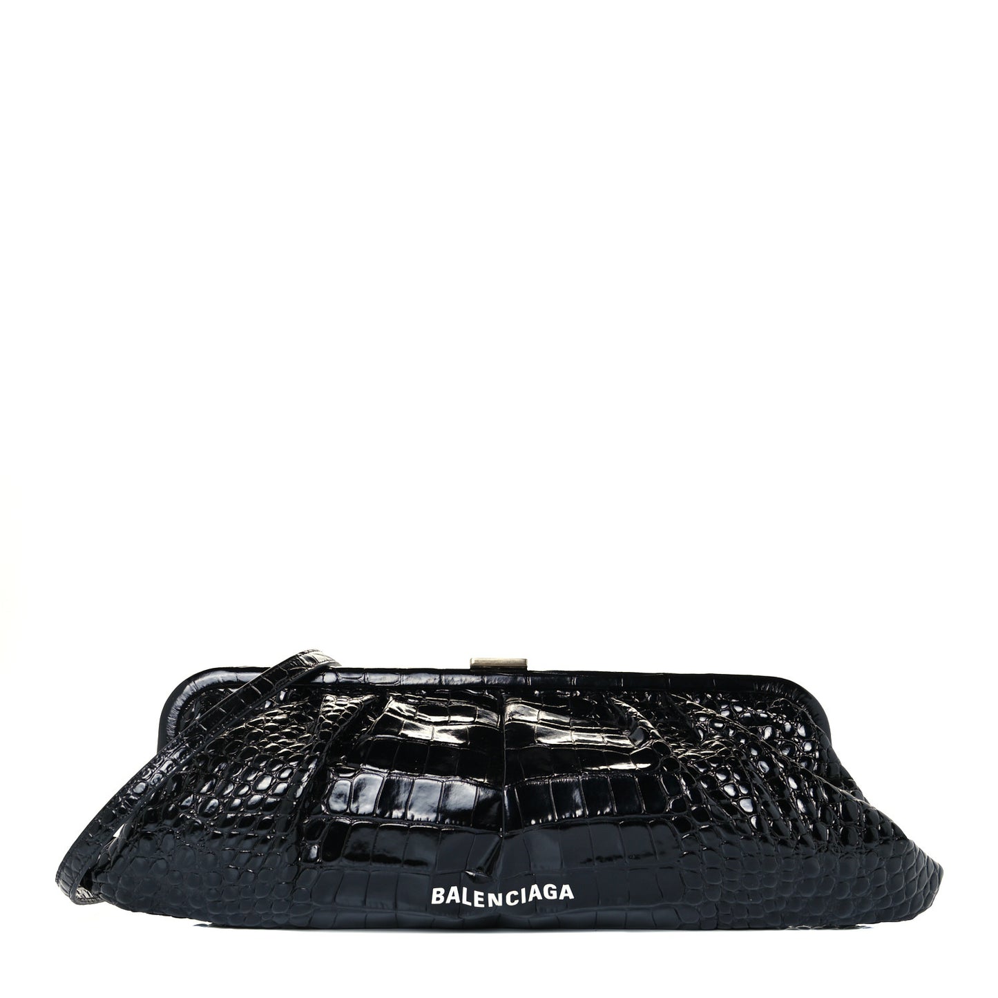 Shiny Supple Calfskin Logo Crocodile Embossed XL Cloud Clutch Black White