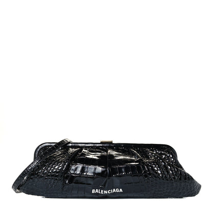 Balenciaga Shiny Supple Calfskin Logo Crocodile Embossed XL Cloud Clutch Black White 1 of 9