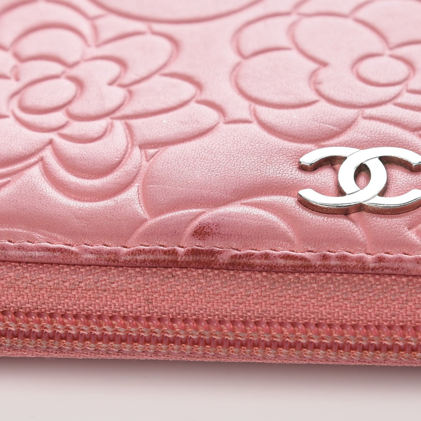 Lambskin Camellia Embossed Zip Around Large Gusset Wallet Pink
