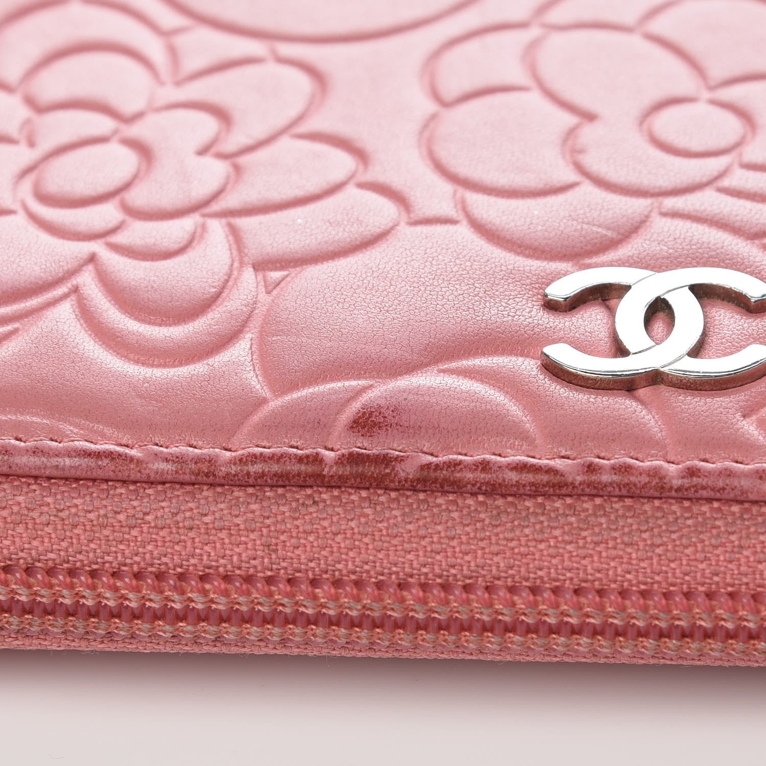 Chanel Lambskin Camellia Embossed Zip Around Large Gusset Wallet Pink 10 of 15