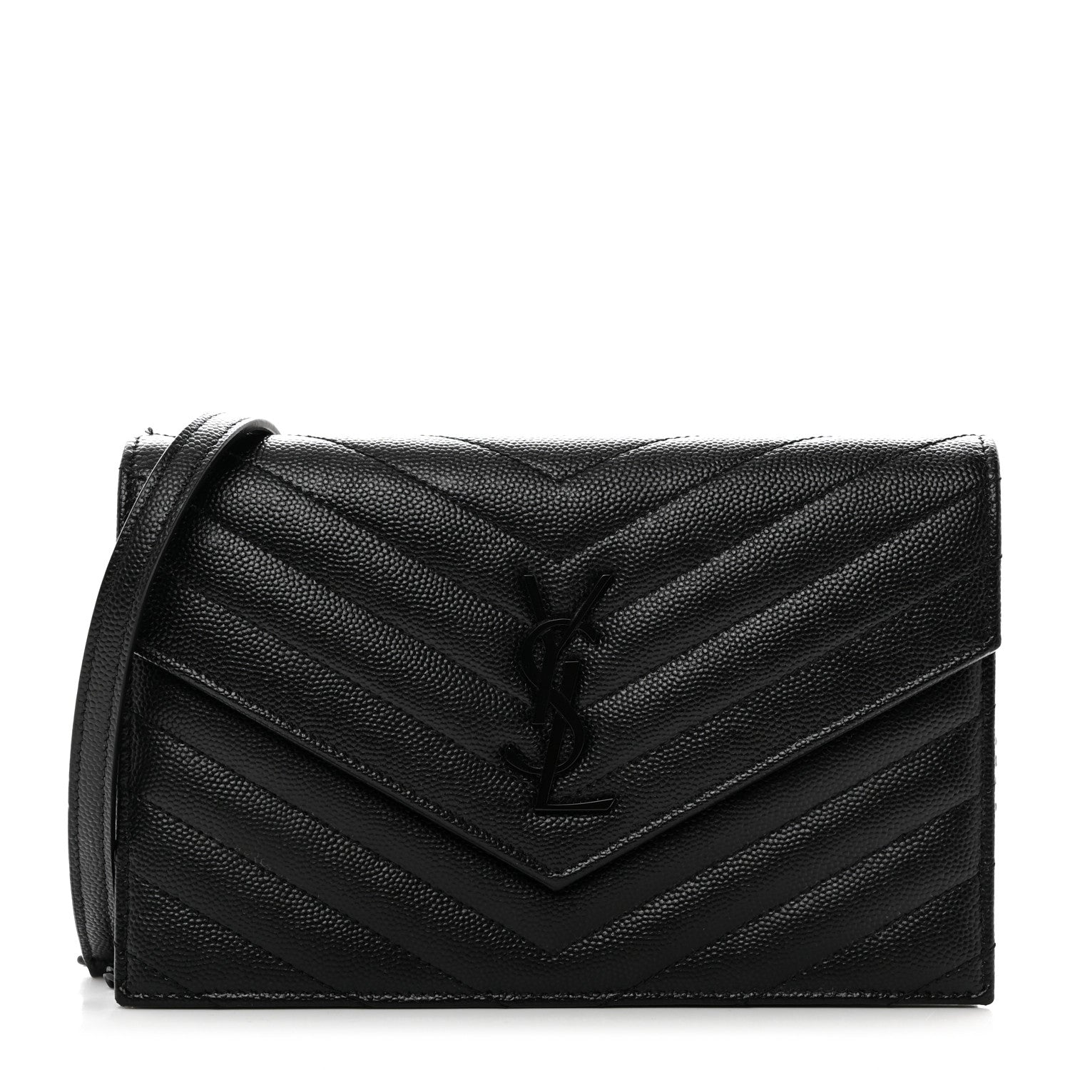 Saint Laurent Grain De Poudre Matelasse Chevron Monogram Monochrome Envelope Chain Wallet Black 1 of 10