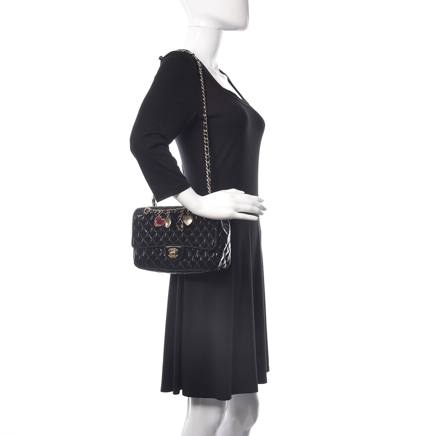 Patent Calfskin Quilted Valentine Charms Medium Single Flap Black
