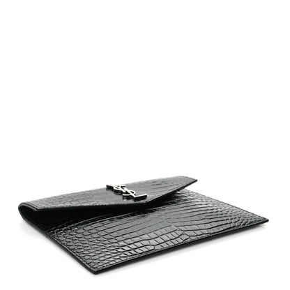 Saint Laurent Calfskin Crocodile Embossed Monogram Uptown Baby Pouch Black 3 of 6
