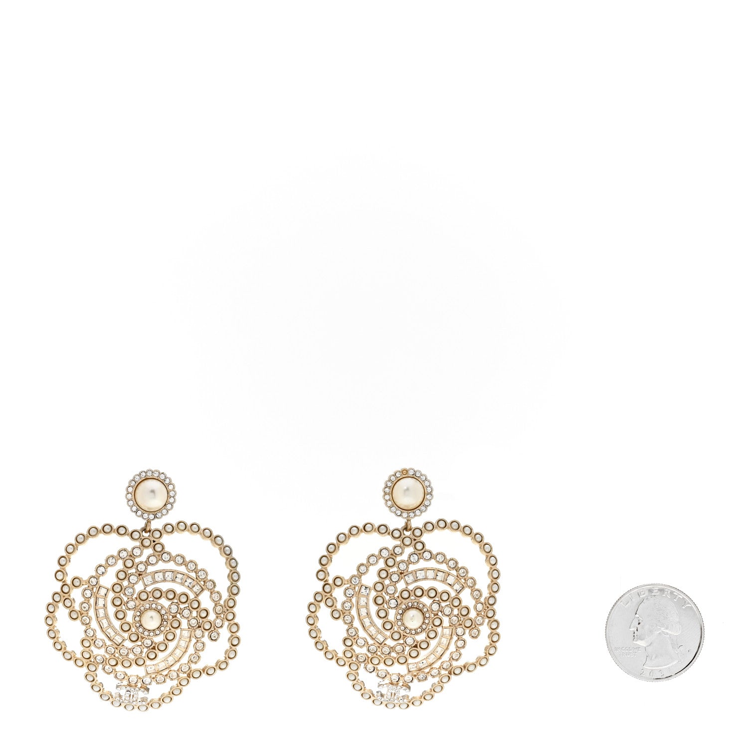 Chanel Pearl Crystal Lace Camellia Earrings Gold 2 of 4