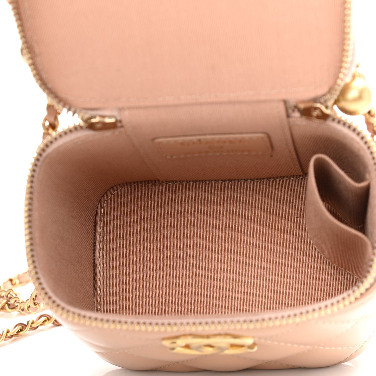 Calfskin Quilted Mini Perfect Fit Vanity Case With Chain Beige