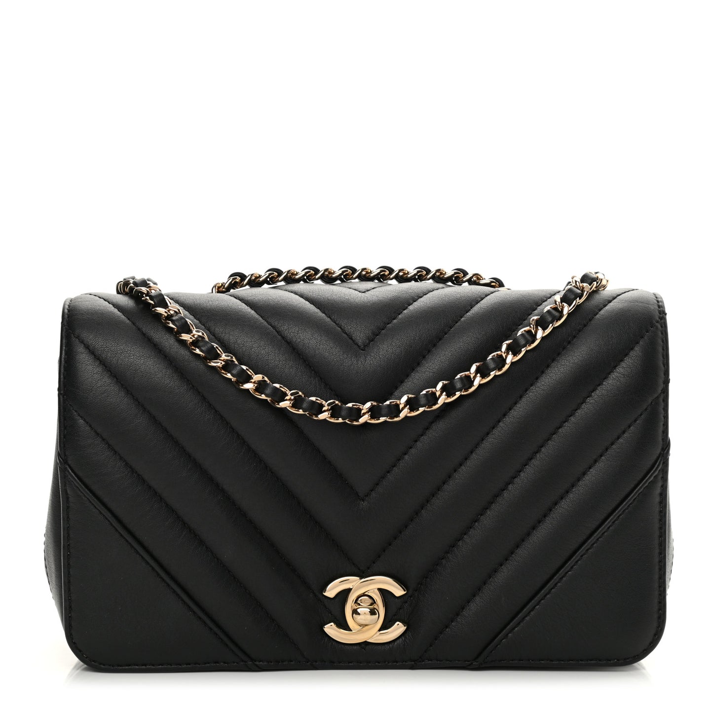Calfskin Chevron Quilted Mini Statement Flap Black