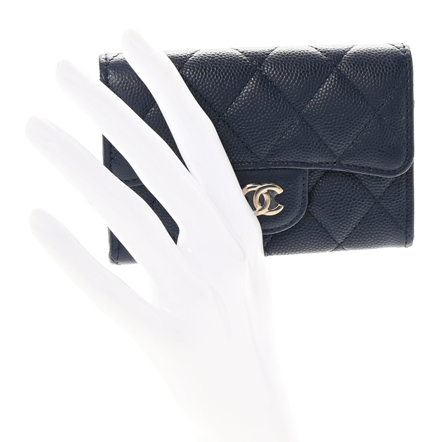 Caviar Quilted Flap Card Holder Wallet Navy Blue