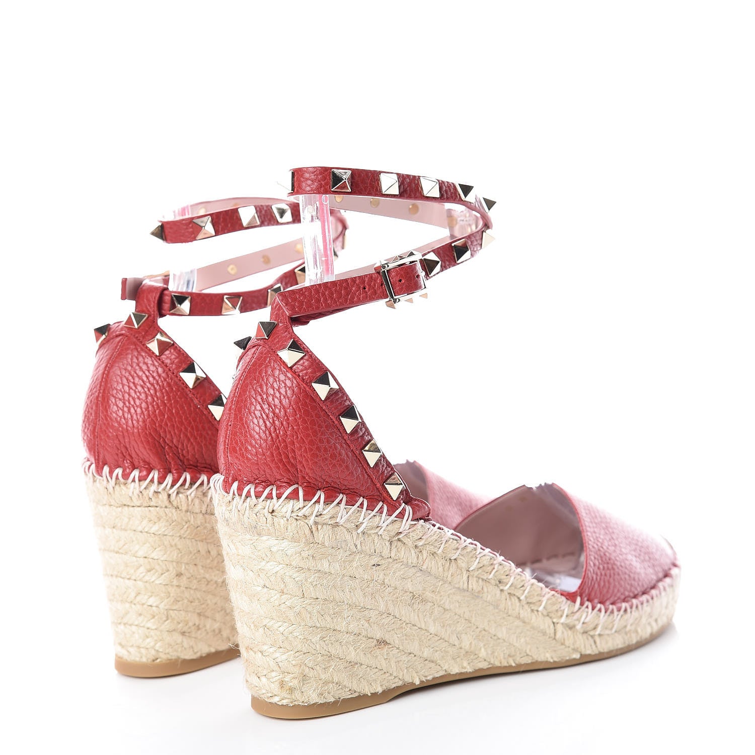 Valentino Garavani Grained Calfskin Rockstud Ankle Wrap Espadrille 15/85mm Wedges 41 Rosso Valentino Natural 4 of 7