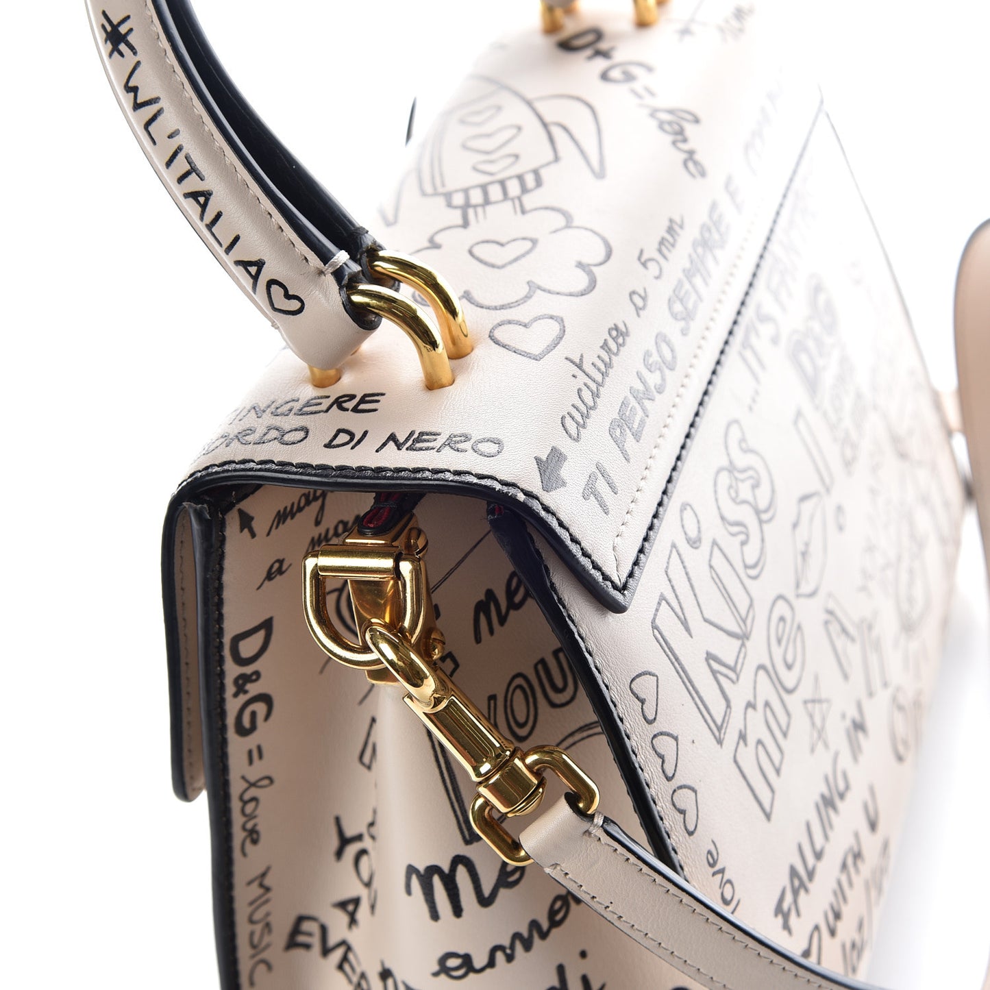 Calfskin Graffiti Printed Welcome Satchel White Black