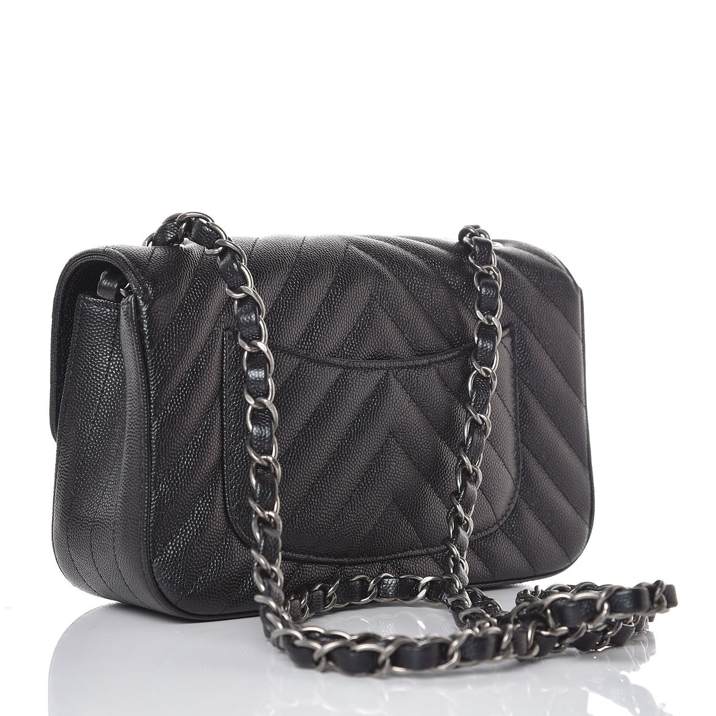 Metallic Caviar Chevron Quilted Mini Rectangular Flap Black