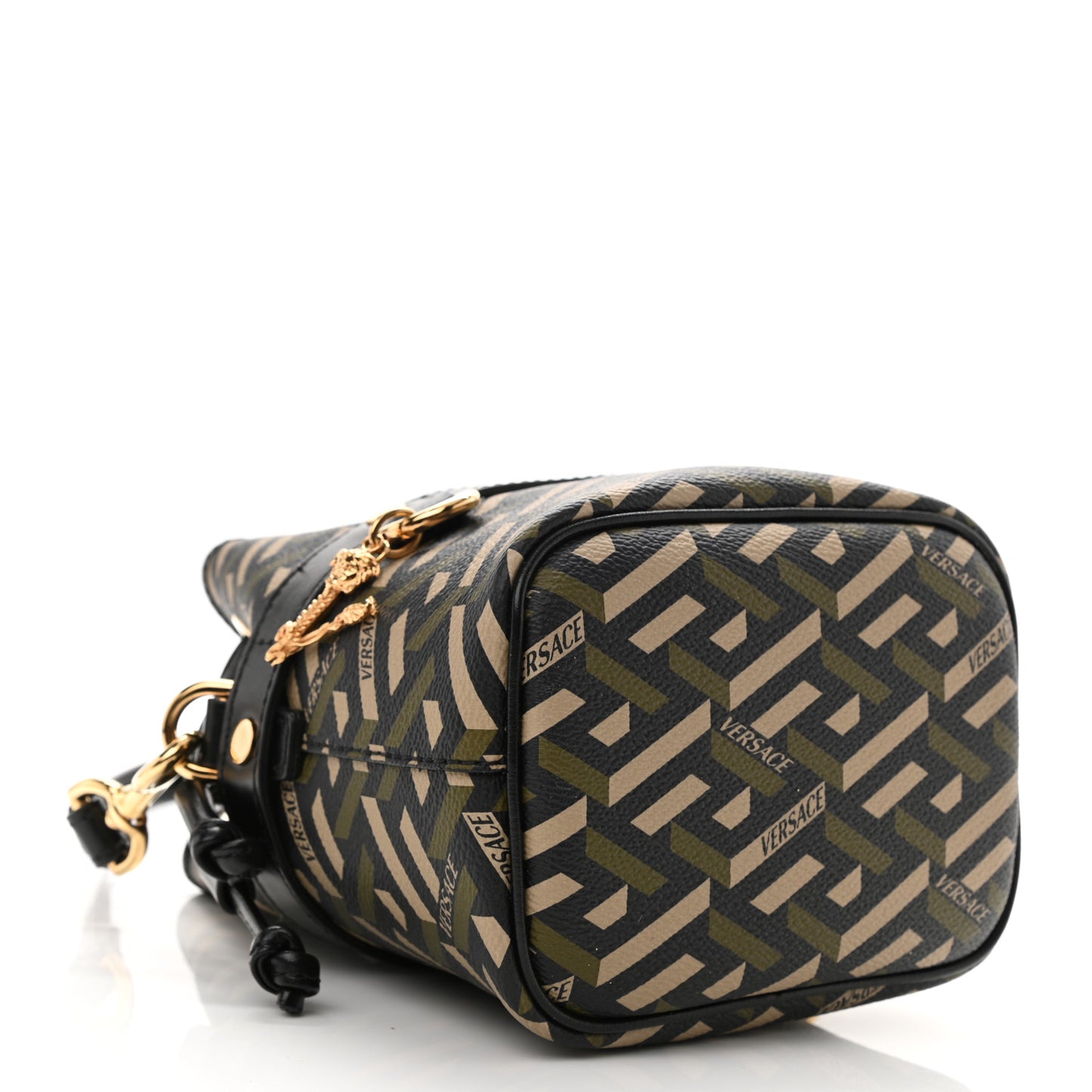Coated Canvas La Greca Mini Bucket Bag Black Green Beige