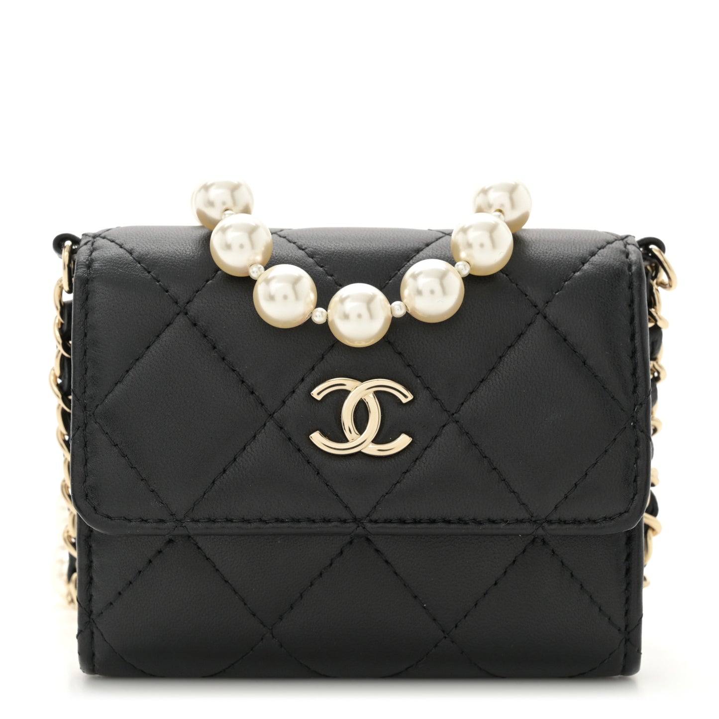 Lambskin Quilted Pearl Card Holder With Chain Black