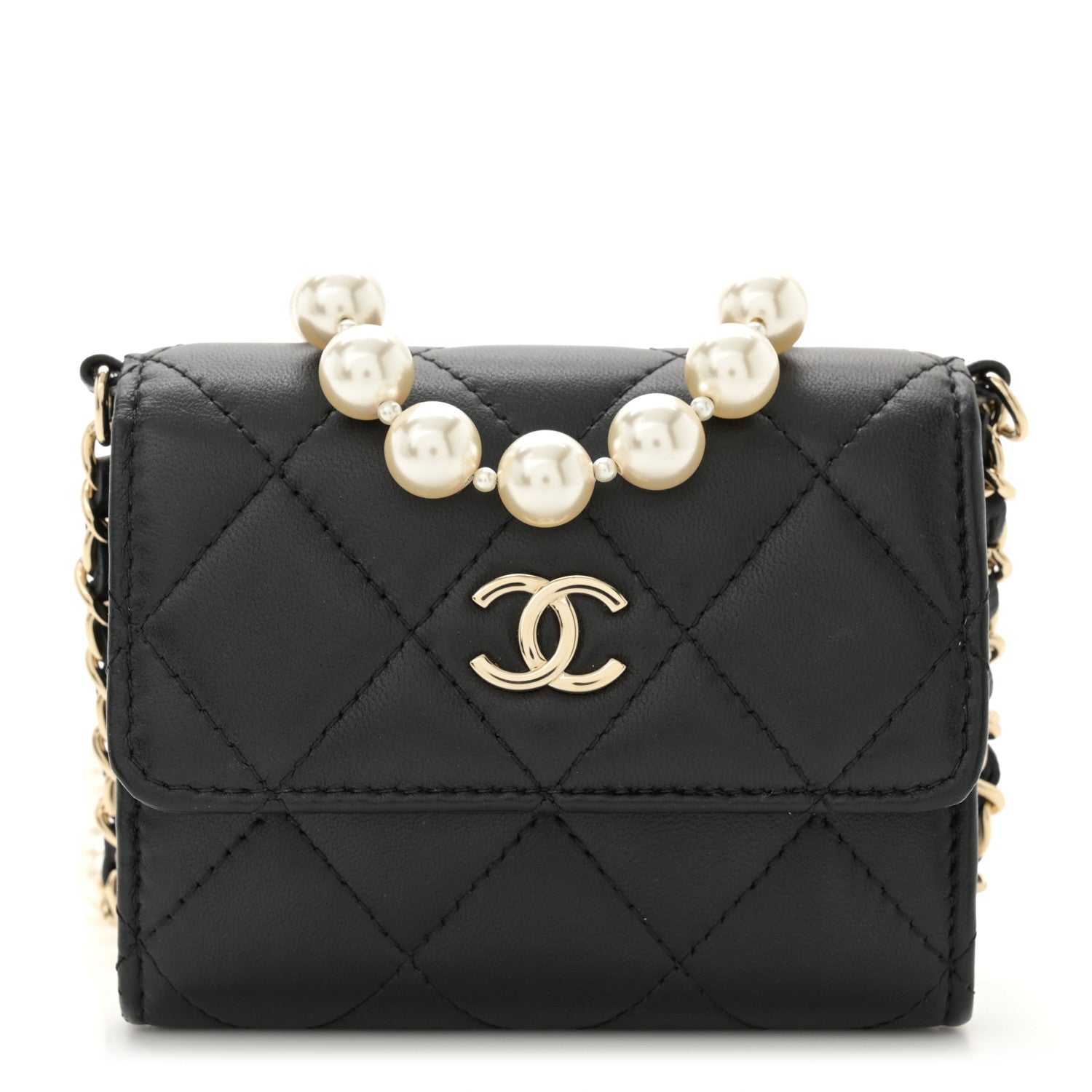 Chanel Lambskin Quilted Pearl Card Holder With Chain Black 1 of 12