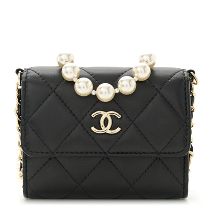 Chanel Lambskin Quilted Pearl Card Holder With Chain Black 1 of 12