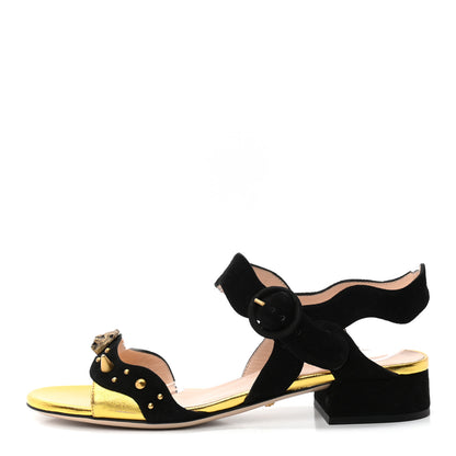 Gucci Metallic Nappa Suede Tiger Head Sandals 36 Black Gold 1 of 8