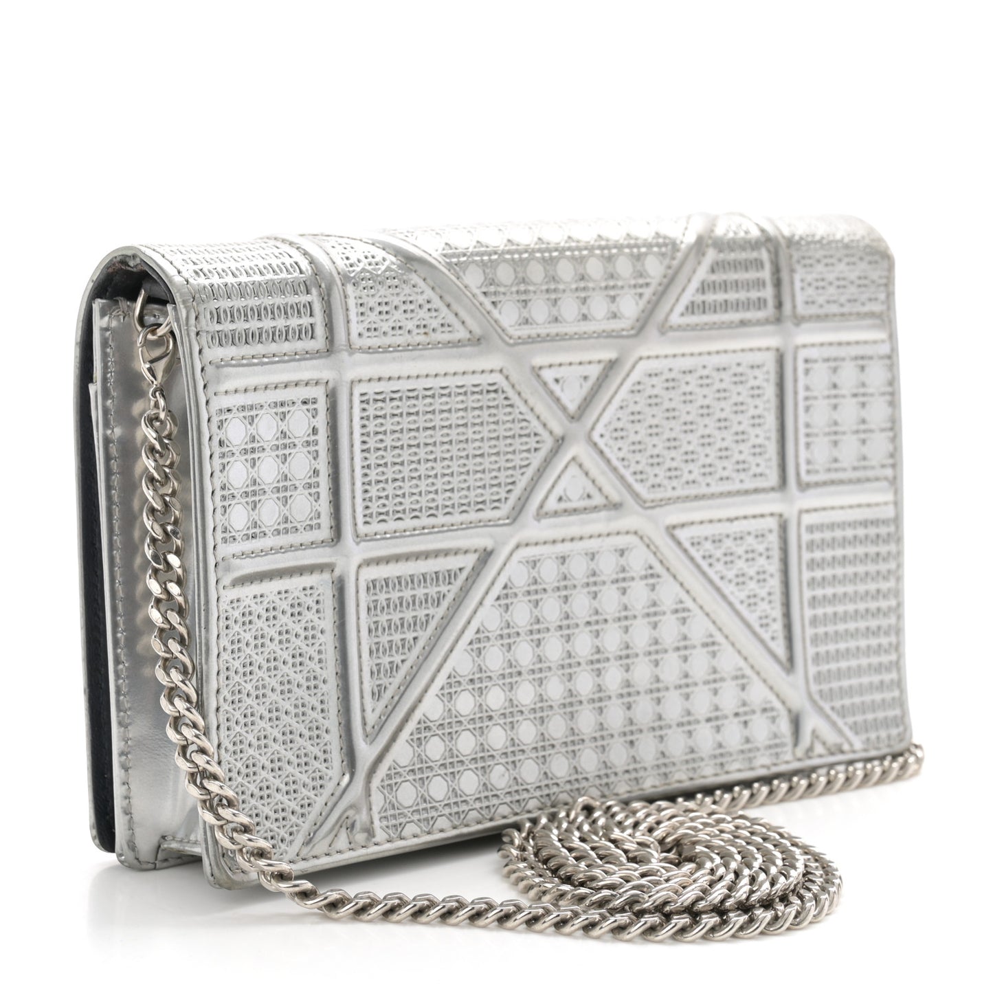 Metallic Patent Micro-Cannage Diorama Wallet on Chain Pouch Silver