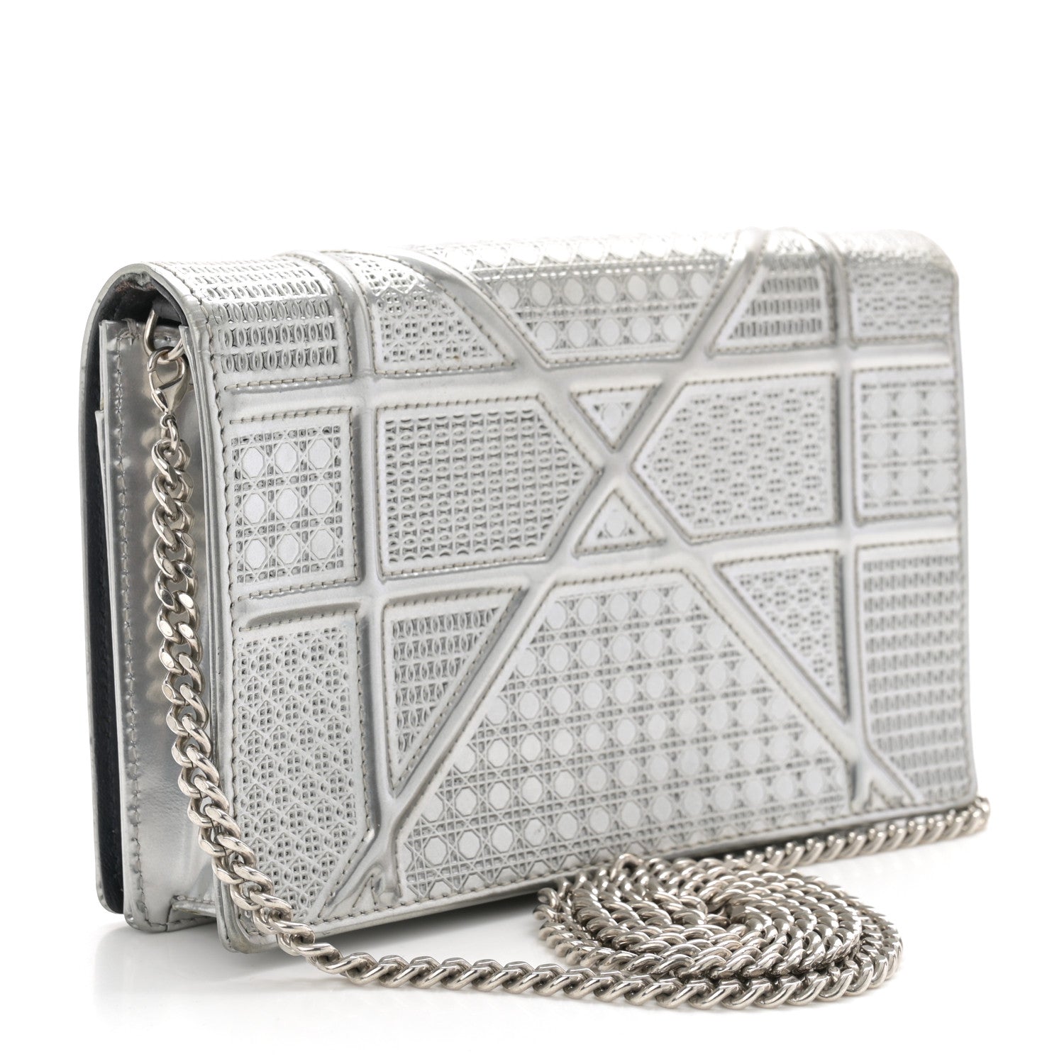 Christian Dior Metallic Patent Micro-Cannage Diorama Wallet on Chain Pouch Silver 3 of 11