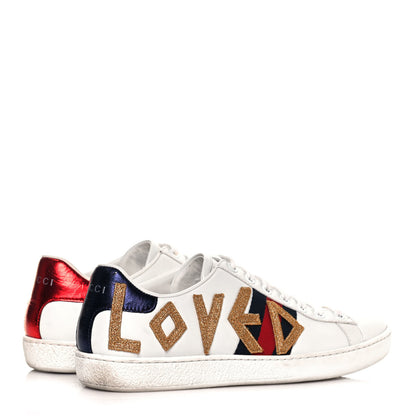 Gucci Calfskin Nappa Web LOVED Embroidered Womens Ace Sneakers 37.5 White Red Flame Notte 4 of 9