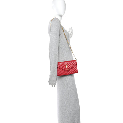 Saint Laurent Grain De Poudre Matelasse Chevron Monogram Chain Wallet New Red 2 of 12