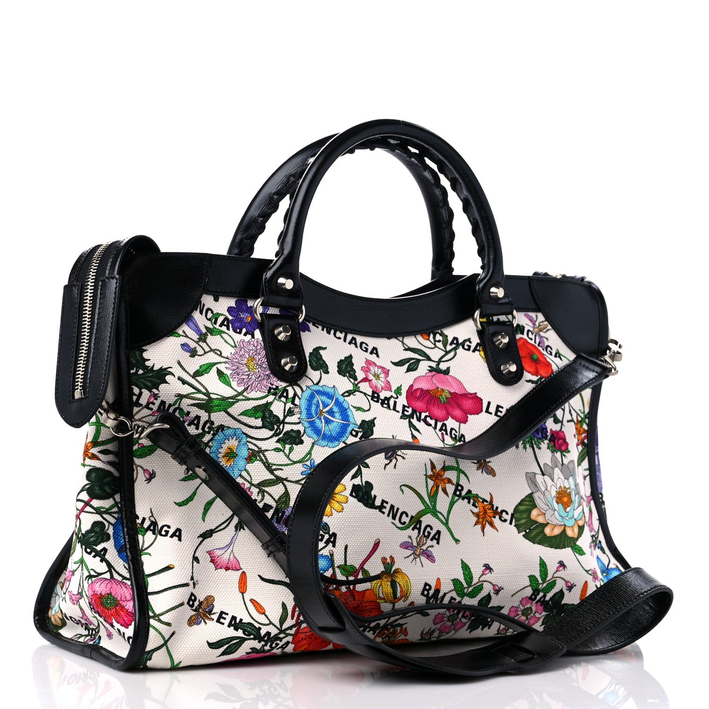 X GUCCI Canvas Azalea Calfskin Flora Logo Print Neo Classic Silver Hardware Medium City White Multicolor Black