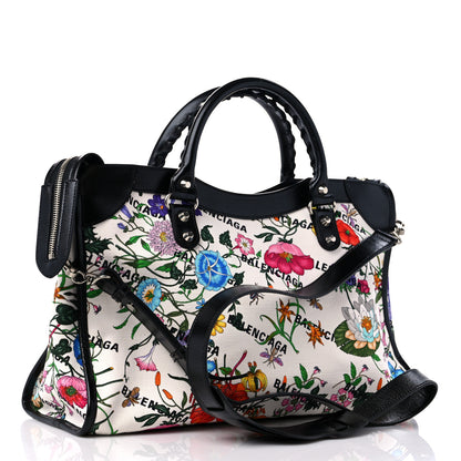 Balenciaga X GUCCI Canvas Azalea Calfskin Flora Logo Print Neo Classic Silver Hardware Medium City White Multicolor Black 4 of 11