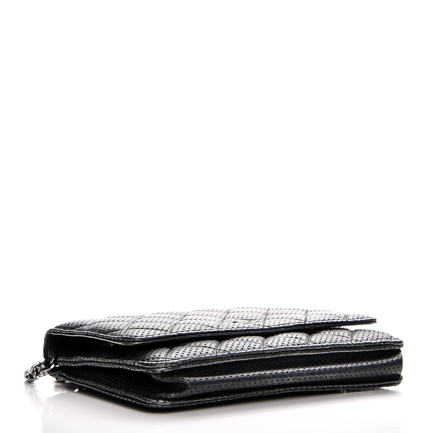 Metallic Perforated Lambskin Quilted Wallet On Chain WOC Black