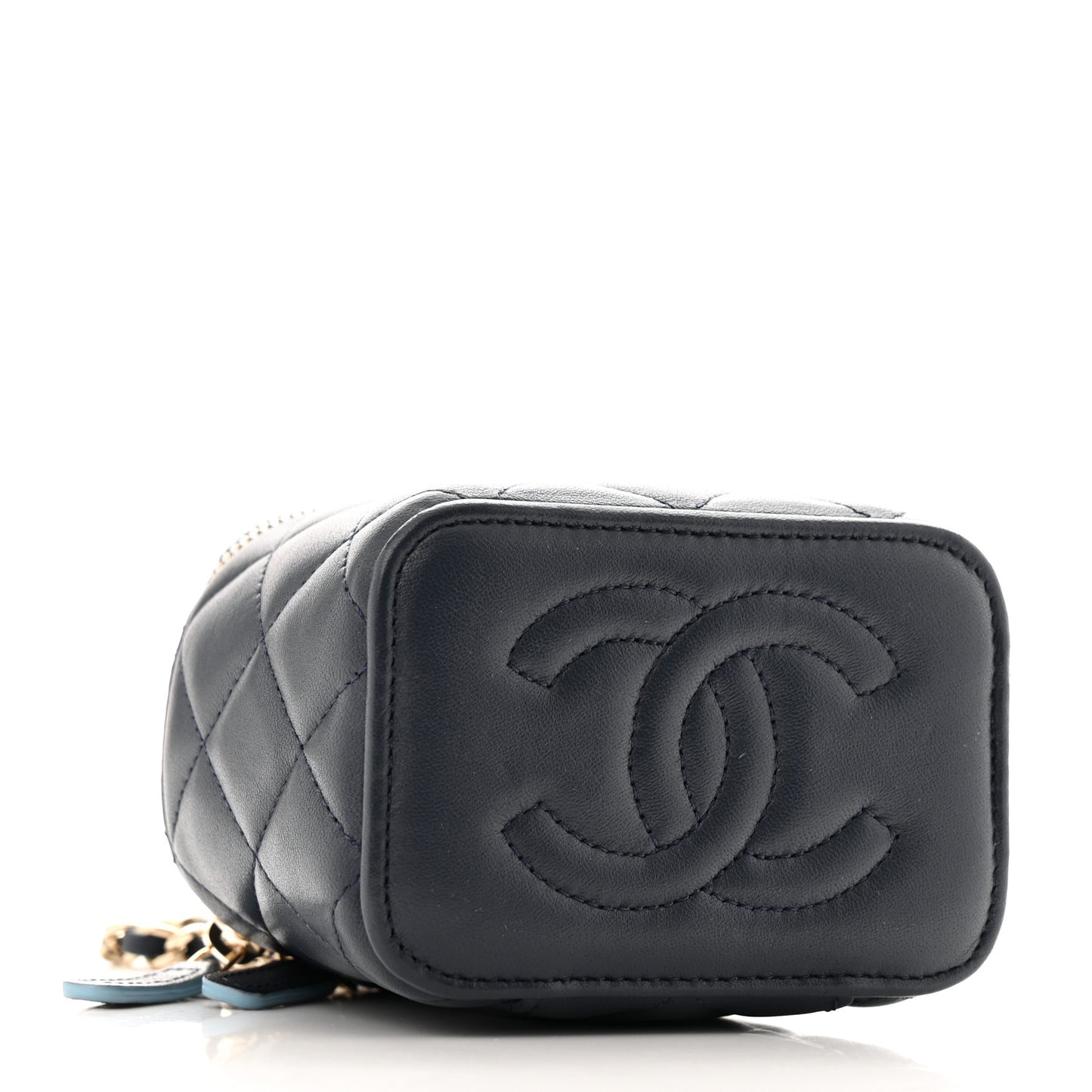 Lambskin Quilted Top Handle Mini Vanity Case With Chain Dark Blue Light Blue