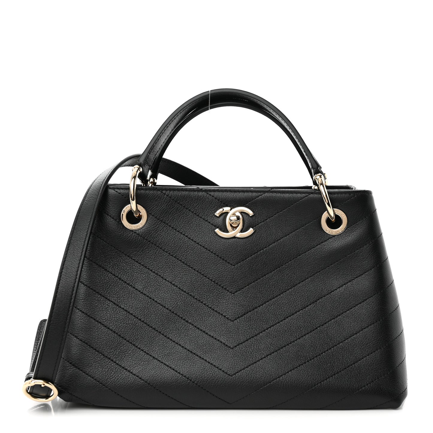 Calfskin Stitched Large Chevron Chic Shopping Bag Black