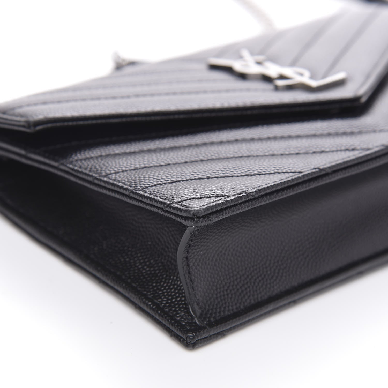 Saint Laurent Grain De Poudre Matelasse Chevron Monogram Envelope Chain Wallet Black 7 of 10