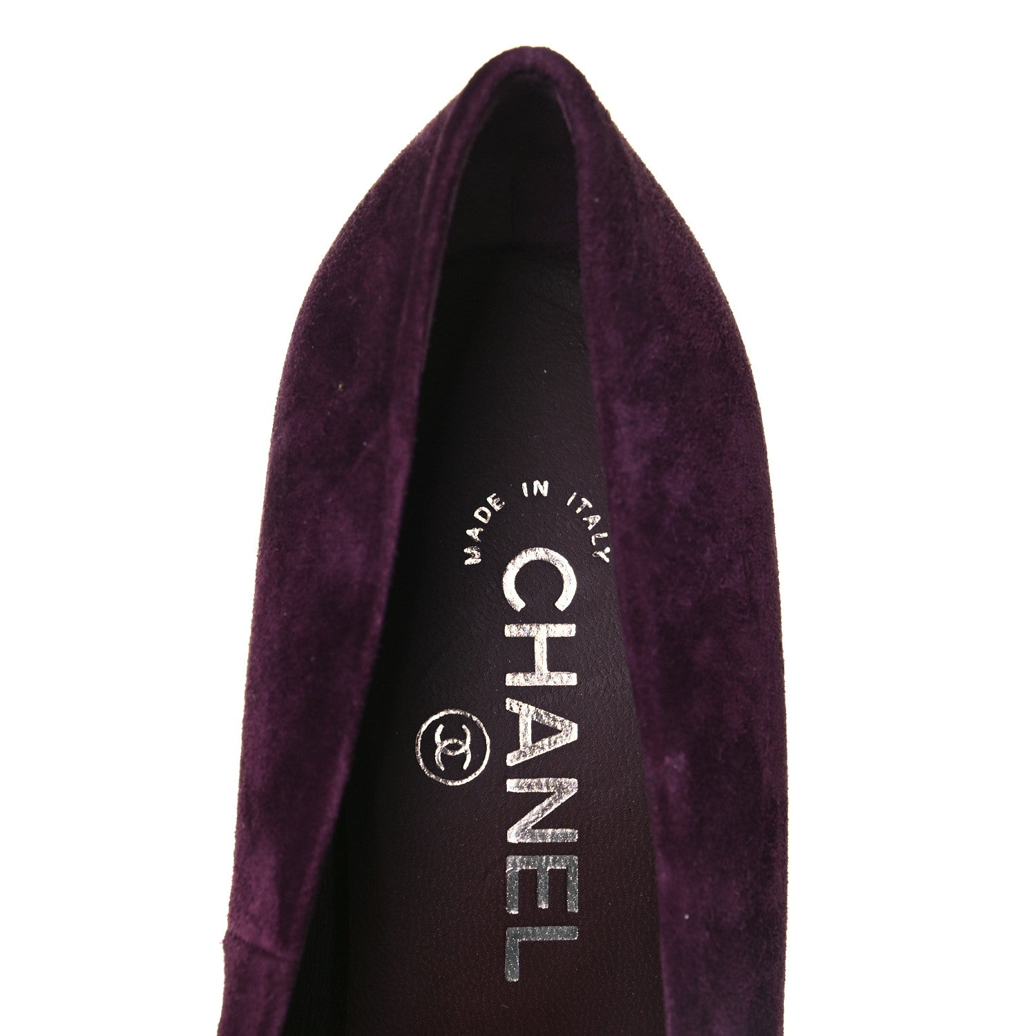 Chanel Suede Calfskin Patent Quilted CC Peep Toe Pumps 37.5 Purple 7 of 8