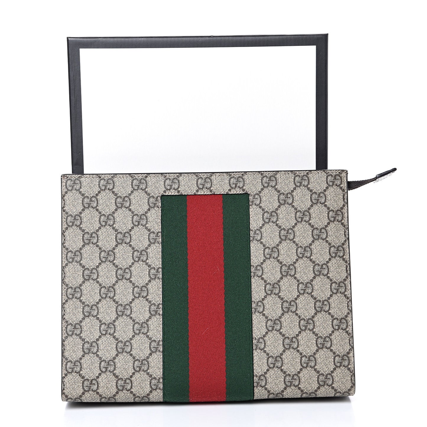 GG Supreme Monogram Selleria Calfskin Web New Web Cosmetic Case Beige Ebony Cocoa