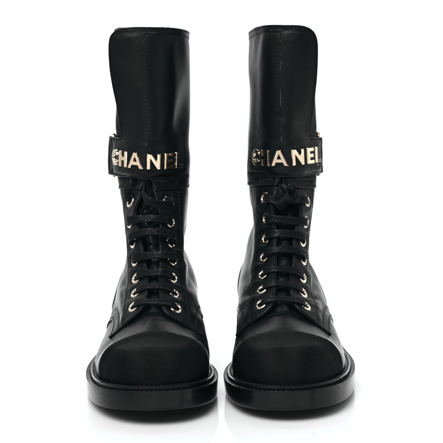 Shiny Calfskin Grosgrain Lace Up Combat Boots 36.5 Black