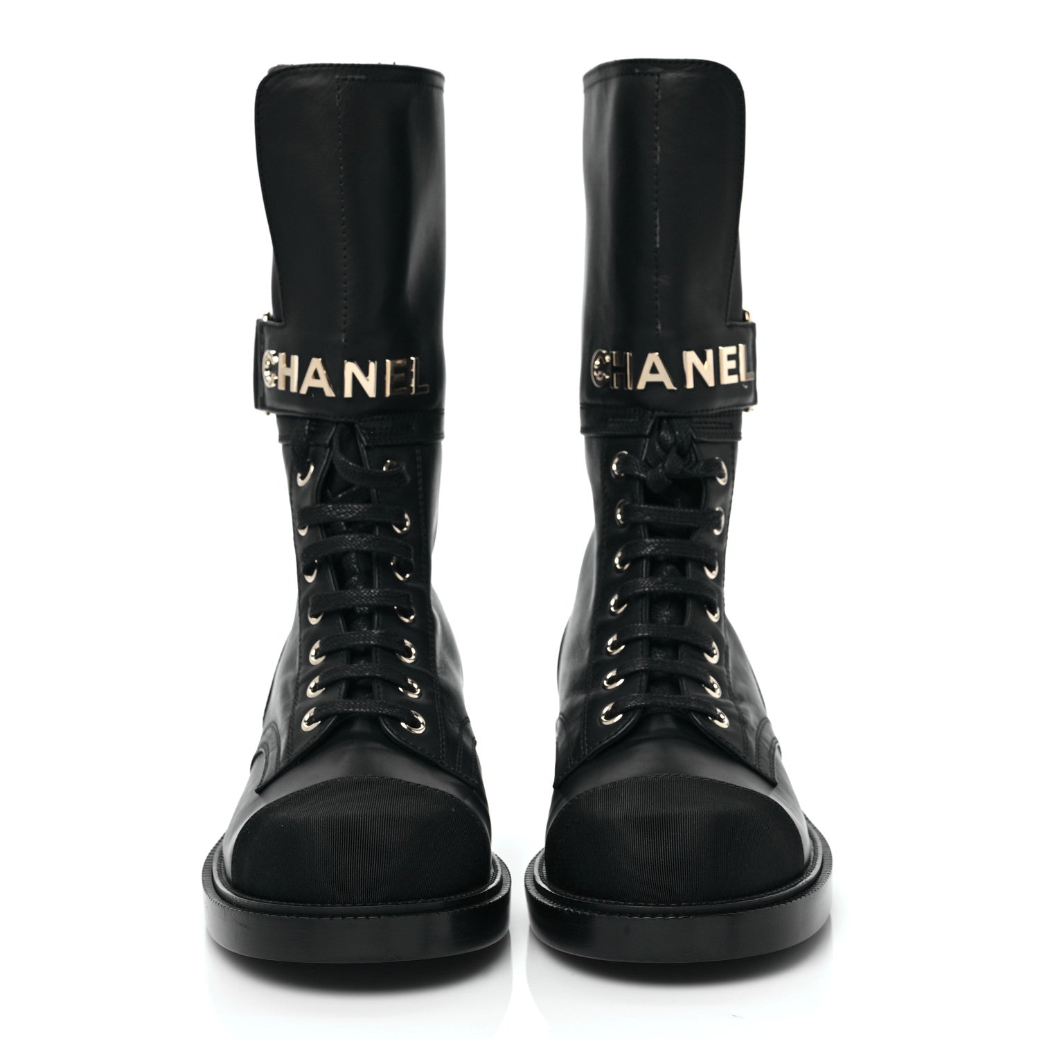 Chanel Shiny Calfskin Grosgrain Lace Up Combat Boots 36.5 Black 2 of 6