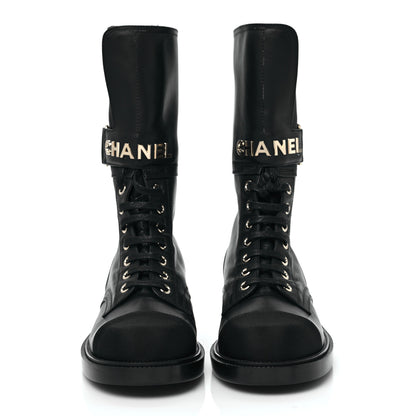 Chanel Shiny Calfskin Grosgrain Lace Up Combat Boots 36.5 Black 2 of 6
