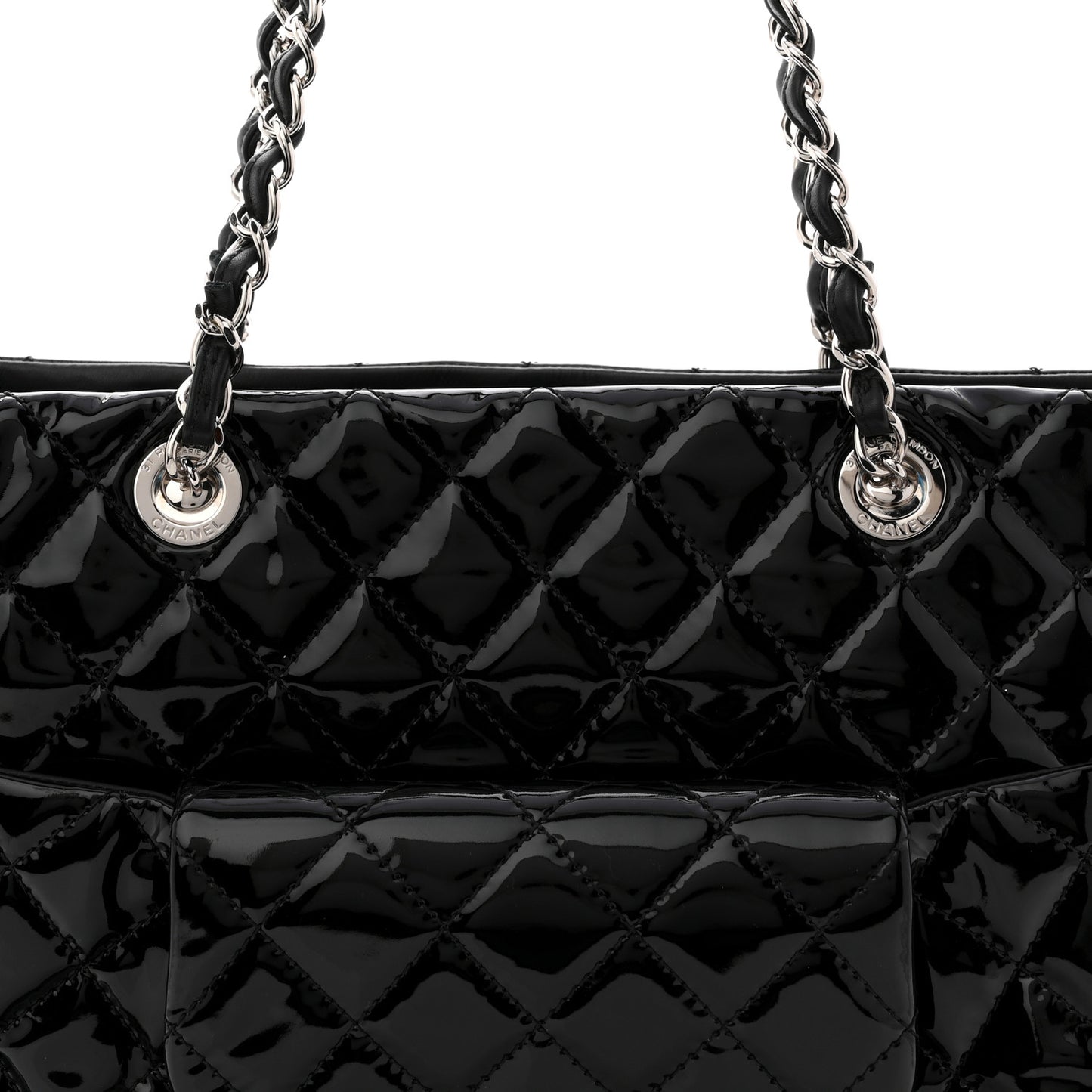 Patent Quilted Large Coco Shine Shopping Tote Black