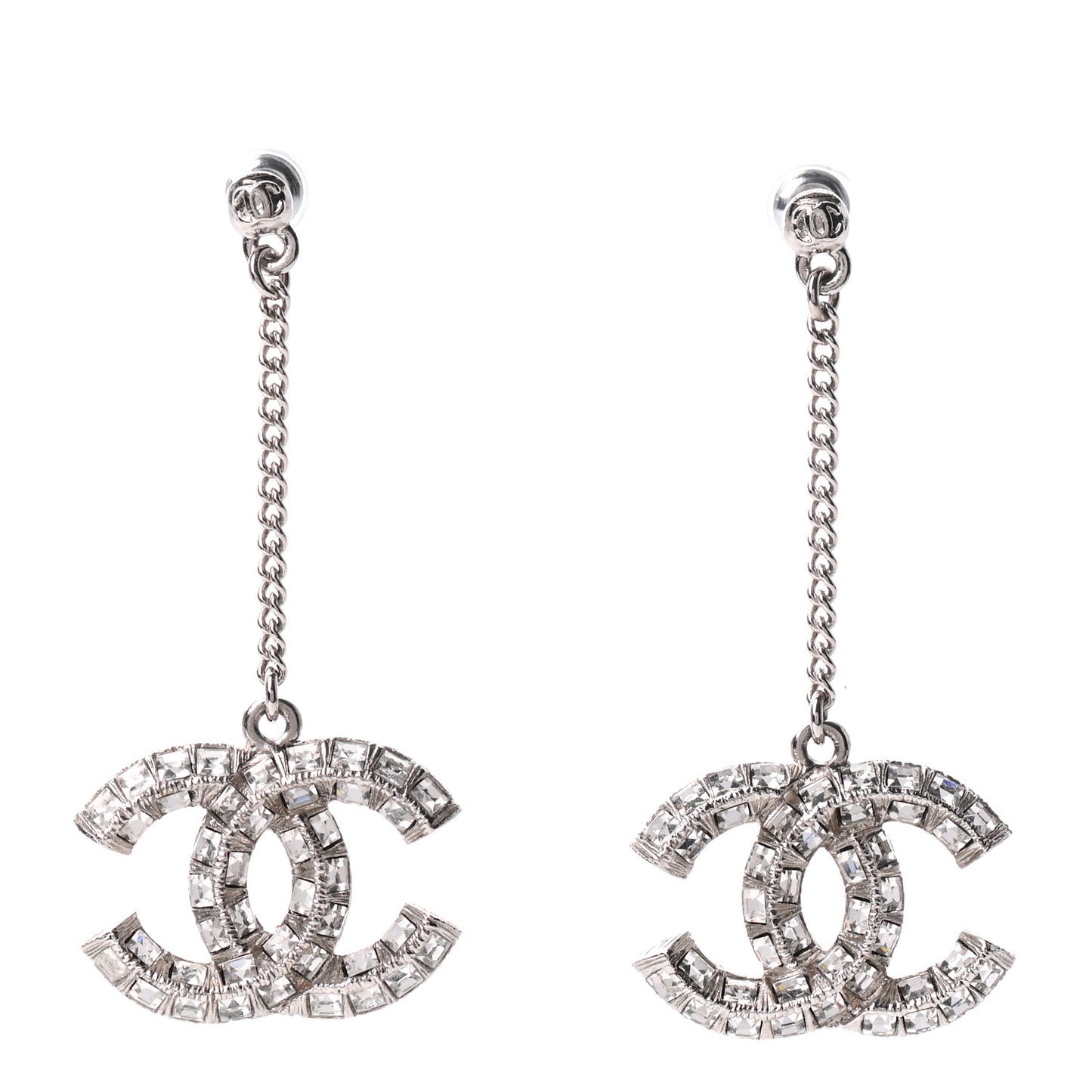 Baguette Crystal CC Drop Earrings Silver
