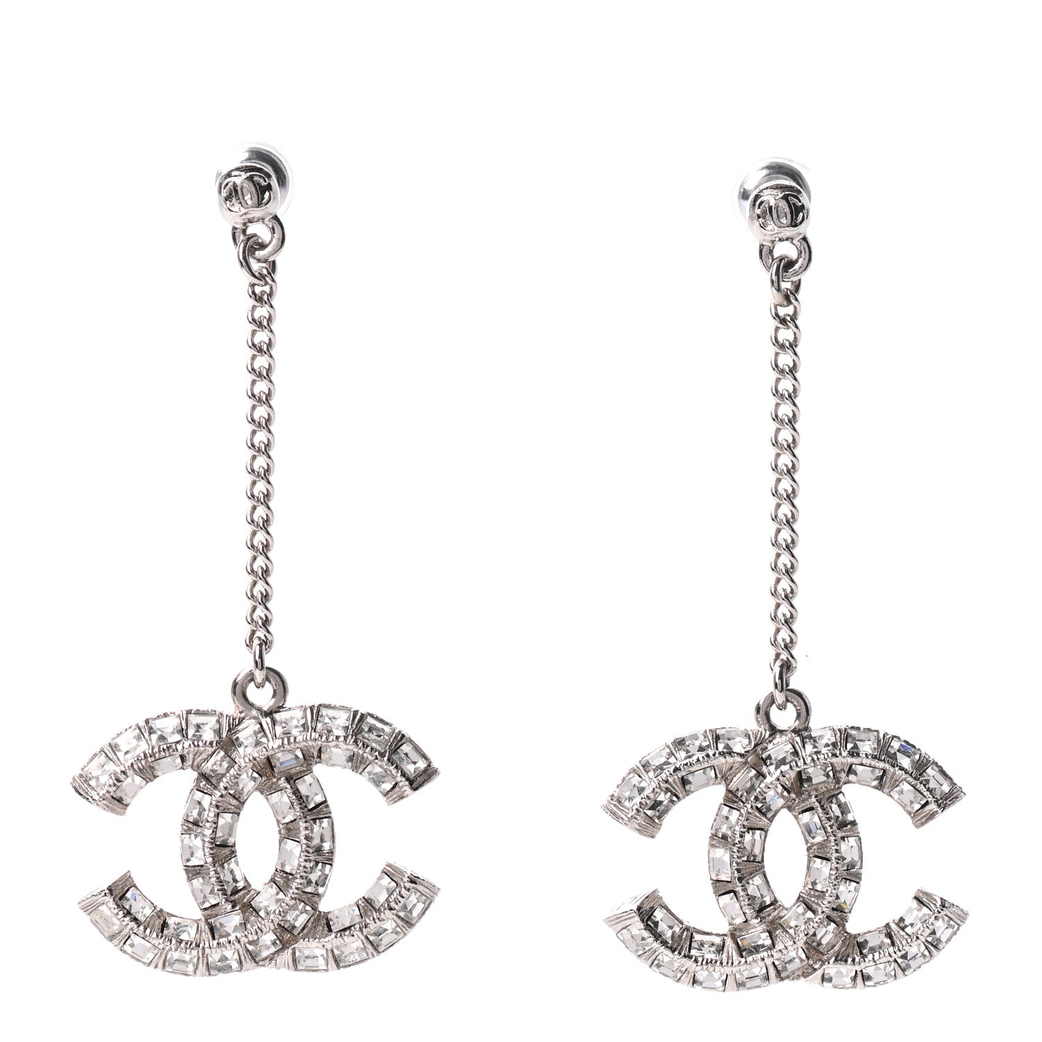 Chanel Baguette Crystal CC Drop Earrings Silver 1 of 4