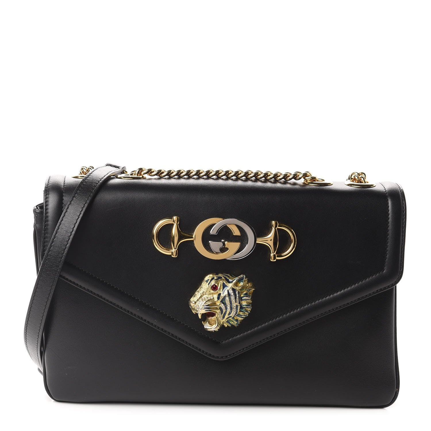 Gucci Vitello Palmellato Lux Crystal Medium Rajah Shoulder Bag Black 1 of 12