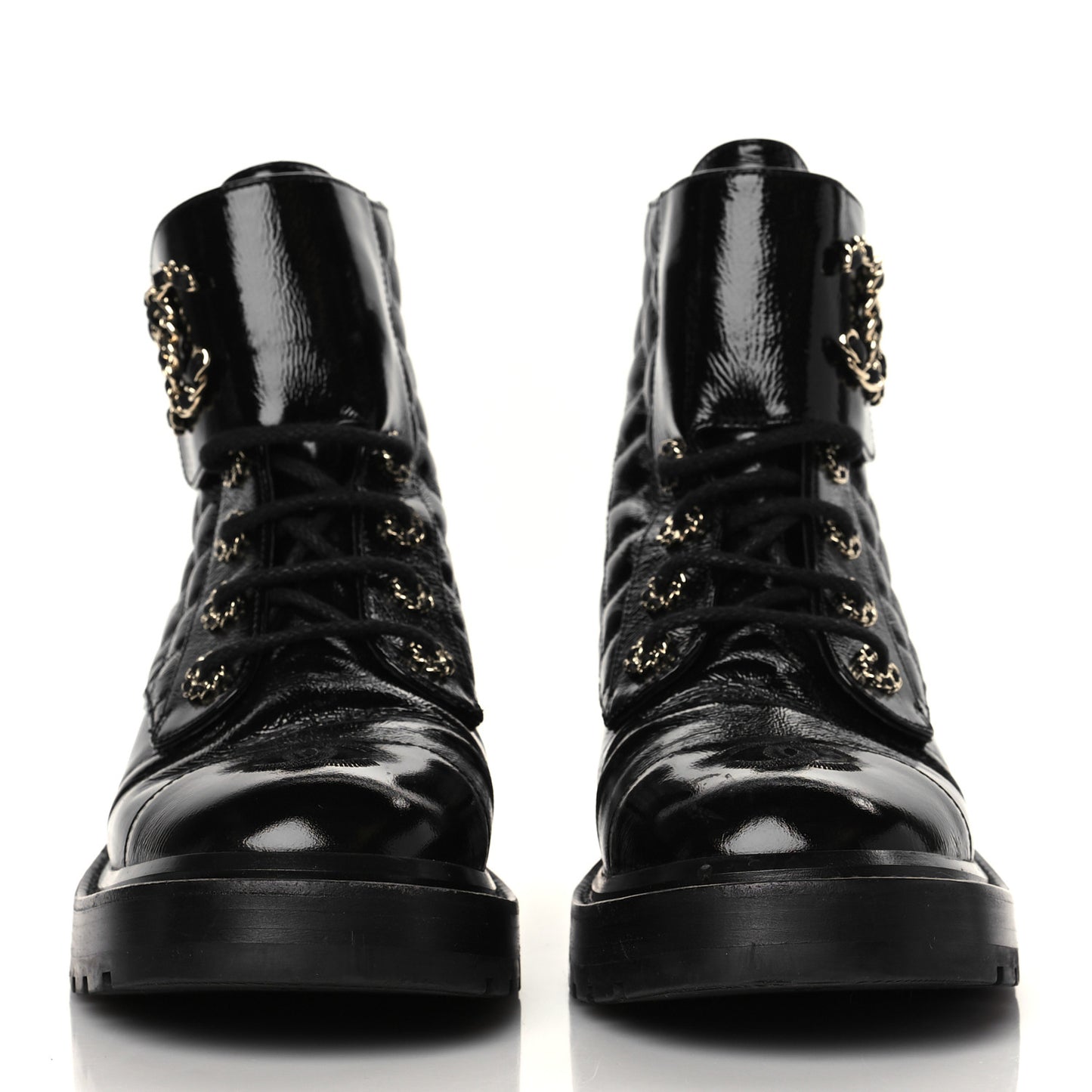 Shiny Goatskin Calfskin Quilted Lace Up Combat Boots 38 Black