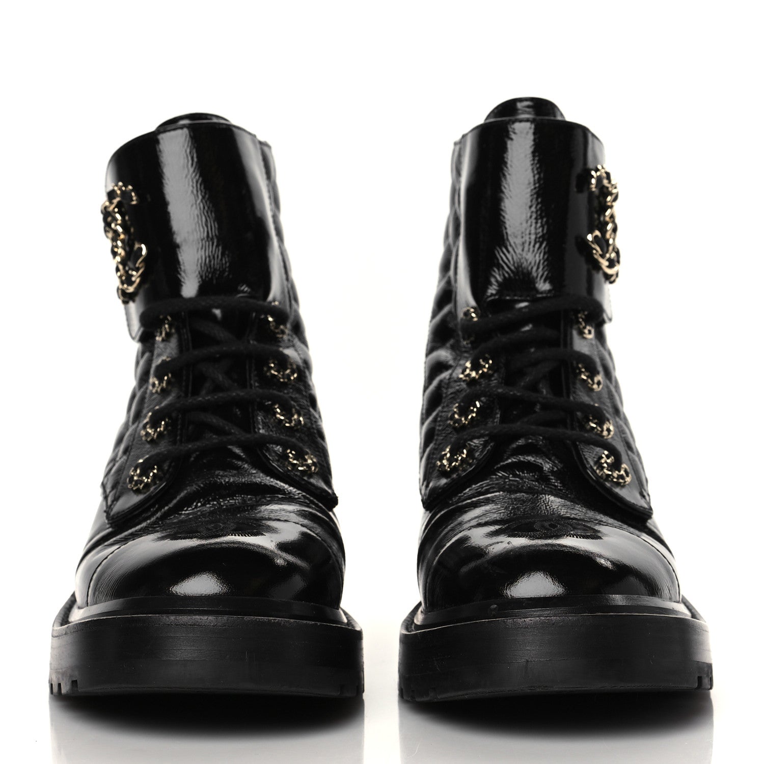 Chanel Shiny Goatskin Calfskin Quilted Lace Up Combat Boots 38 Black 2 of 8