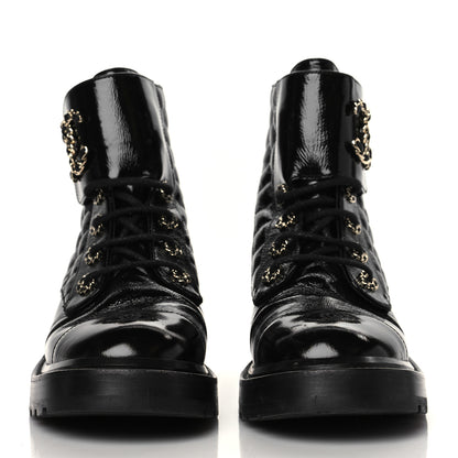 Chanel Shiny Goatskin Calfskin Quilted Lace Up Combat Boots 38 Black 2 of 8