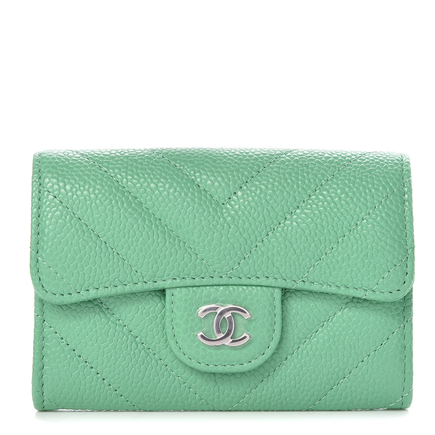 Caviar Chevron Quilted Flap Card Holder Green
