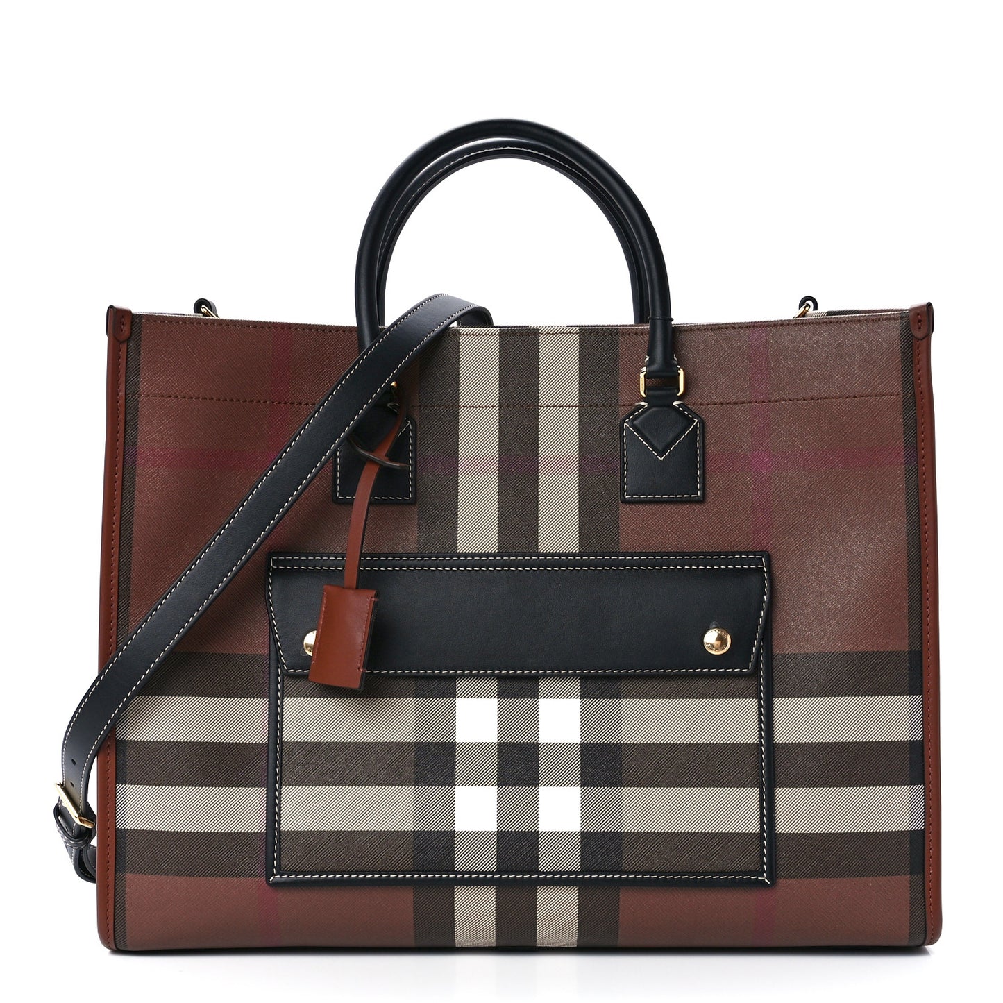 E-Canvas Check Calfskin Medium Freya Tote Dark Birch Brown
