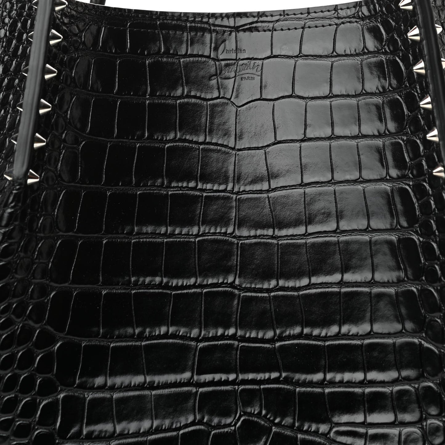 Crocodile Embossed Calfskin Spiked Cabarock Shopper Tote Black